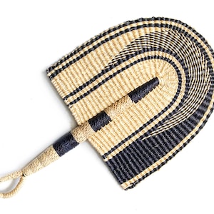 Bolga Fan - Asilah - African Handwoven Decorative Fan In Natural And Dark Navy