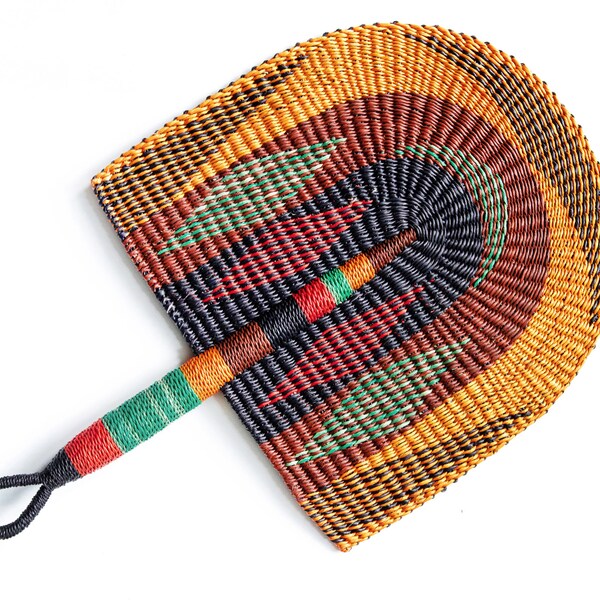 Bolga Fan - Porto No. 1 - African Handwoven Decorative Fan In Red, Brown. Yellow And Teal