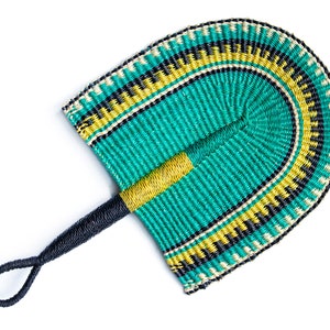 Bolga Fan - Sanremo No. 1 - African Handwoven Decorative Fan In Teal, Yellow, Natural And Black