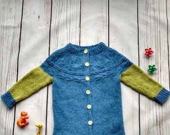 Ready to ship. Children handmade knitted onesie, unisex onesie, wool onesie with gansey round yoke, blue, contrast sleeves, 2y