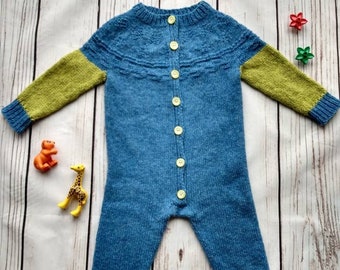 Children handmade knitted onesie, unisex onesie, wool onesie with gansey round yoke, blue, contrast sleeves, for boy, for girl