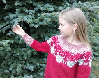 Ready to ship .Handmade knitted girl lopapeysa sweater, Icelandic sweater for girl, red and white, fair island, 7-8 years