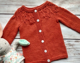 Ready to ship. Handmade knitted dusty orange color girl's cardigan with lace yoke, 6-9months, cotton, merino wool