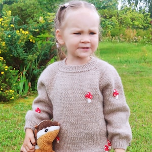 Children sweater, unisex sweater, alpaca sweater dark beige, with embroidery, handmade knitted sweater, boy, girl.1-1,5 years