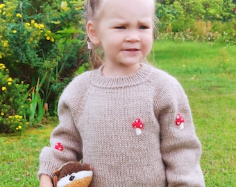 Kindertrui, unisex trui, alpaca trui donkerbeige, met borduursel, handgemaakte gebreide trui, jongen, meisje.1-1,5 jaar