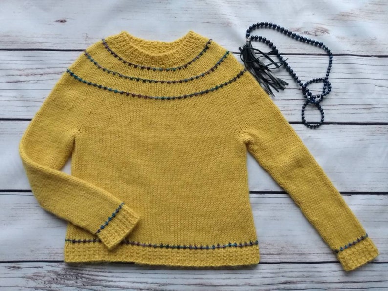 Children sweater, unisex sweater, glassbeads pullover, Merino mohair sweater with small bobbles, yellow, handmade knitted, boy, girl image 5
