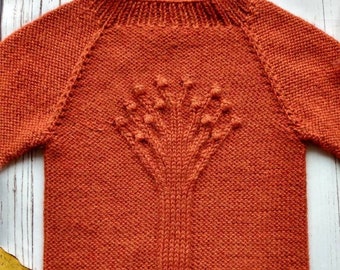 Handmade knitted children sweater, rust orange, unisex, life of tree, wool/alpaca sweater with bobbles, boy, girl