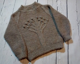 Children sweater, unisex sweater, life of tree, alpaca sweater with bobbles, taupe, dark beige, handmade knitted sweater, boy, girl