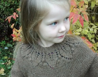 Ready to ship.Handmade knitted sweater for girls, lace leaf yoke with bobbles, in brown color, in  alpaca,size 7-8 years