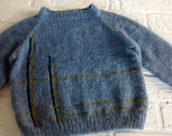 Ready to ship. Handmade knitted toddler boy sweater, in petrol color, with colorful lines, 2-3 years