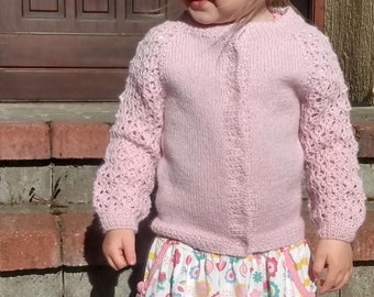 Girl's pink cardigan for spring, raglan cardigan with lace sleeves from pure alpaca