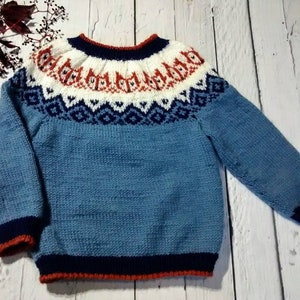 Handmade knitted child girl boy lopapeysa sweater with foxes on yoke, Icelandic sweater for children