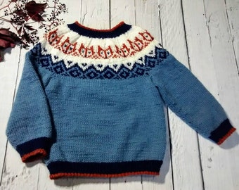 Handmade knitted child girl boy lopapeysa sweater with foxes on yoke, Icelandic sweater for children