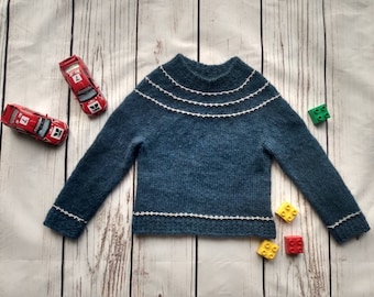 Ready to ship. Handmade knitted children sweater, navy blue with silver bobbles, unisex, glassbeads pullover, islandic wool, boy, girl, 2-3y