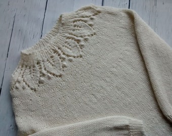 Handmade knitted sweater for girls, lace leaf yoke with bobbles, in olive color, in merino / wool / alpaca / alpaca-wool yarn