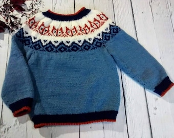 Handmade knitted child girl boy lopapeysa sweater with foxes on yoke, Icelandic sweater for children