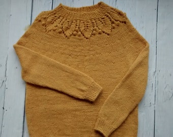 Handmade knitted sweater for girls, lace leaf yoke with bobbles, in merino / wool / alpaca / alpaca-wool yarn