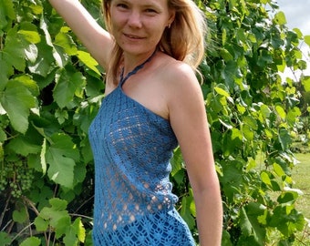 Ready to ship. Crochet sleeveless women's linen top in deep blue color with open shoulders and straps around neck, S size