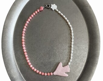 Pink Coral Ceramic Bird Bead Pearls Handmade Necklace