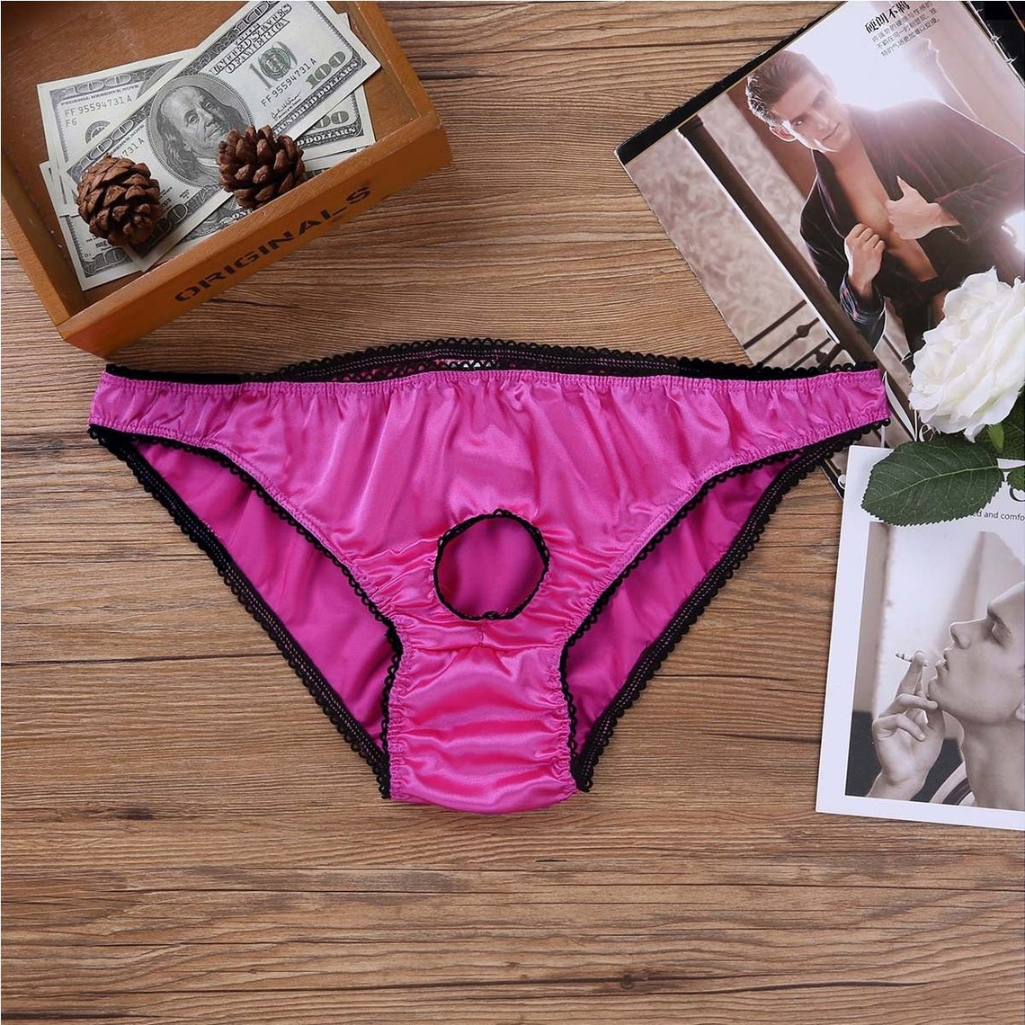 B001 Rose Men's Soft Satin Low Rise Briefs Panties Open Etsy