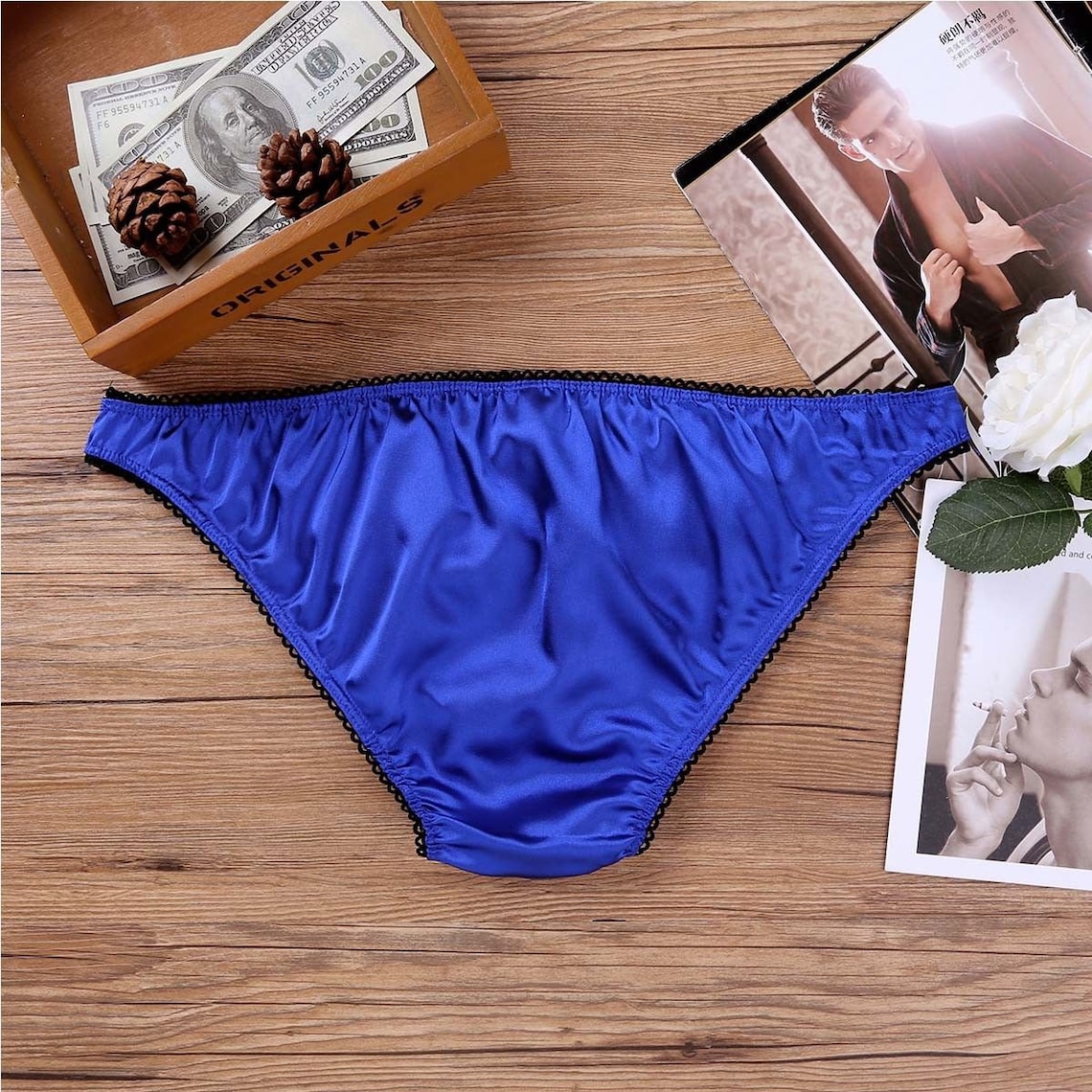 B001 Blue Mens Soft Satin Low Rise Briefs Panties Open Etsy