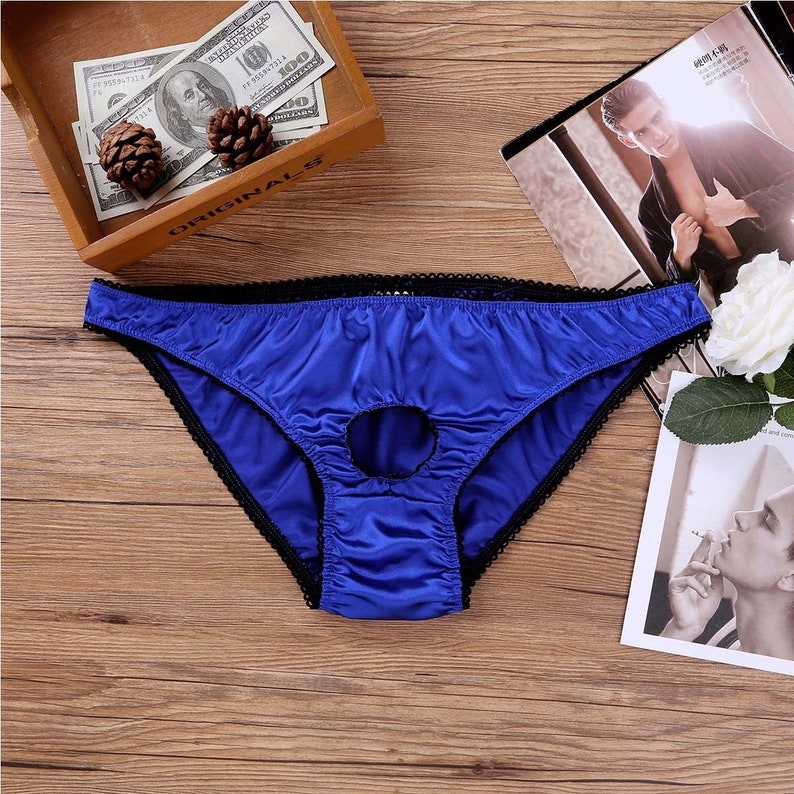 B001 Blue Mens Soft Satin Low Rise Briefs Panties Open Etsy