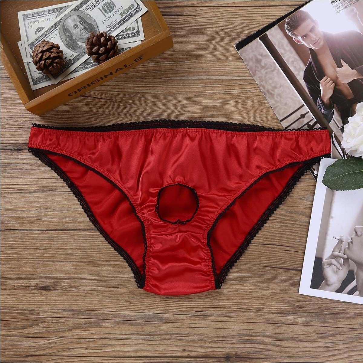 B001 Red Men's Soft Satin Low Rise Briefs Panties Open Front Hole