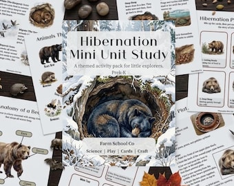Peut inclure: Un pack d'activités Hibernation Mini Unit Study pour la maternelle, comprenant des fiches pédagogiques illustrées d'ours, de hérissons et d'abeilles, avec une page de couverture montrant un ours noir dormant dans une tanière enneigée.