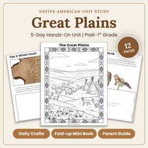 Può includere: Un set educativo di 12 pagine sui nativi americani per la scuola dell'infanzia e primaria, intitolato Great Plains. Include una pagina da colorare con un paesaggio, bisonti, tepee e cani della prateria, oltre a pagine di attività.