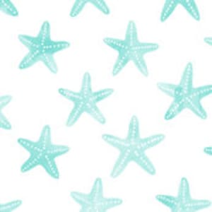 May include: Seamless pattern featuring multiple teal blue starfish on a white background.