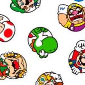 May include: A white fabric featuring a repeating pattern of circular icons. Each circle contains a colorful character from the Super Mario franchise, including Mario, Luigi, Yoshi, Toad, Wario, Bowser, and Princess Peach, all in vibrant colors.