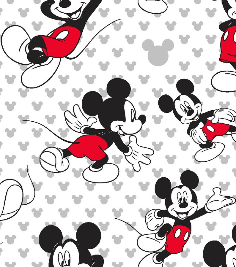 May include: A repeating pattern featuring the iconic Mickey Mouse in various poses. Mickey is depicted in his classic black, red, and white color scheme. The background is white with a pattern of small gray Mickey Mouse head silhouettes.