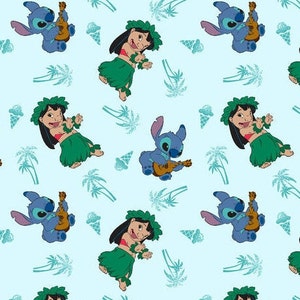 May include: A blue and white patterned fabric with a repeating pattern of Stitch and Lilo characters. Stitch is playing a ukulele and Lilo is wearing a hula skirt. The background is light blue.