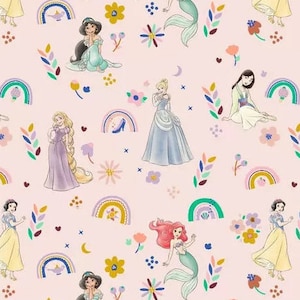 May include: A repeating pattern featuring illustrations of Disney princesses, rainbows, flowers, and other decorative elements on a light pink background. The princesses are depicted in their iconic gowns and poses, creating a whimsical and colorful design.