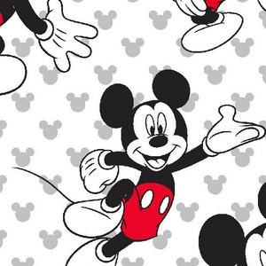 May include: A repeating pattern featuring the iconic Mickey Mouse character. Mickey is depicted in his classic black, white, and red color scheme, with a cheerful expression and outstretched arms. The background is white with gray Mickey Mouse head silhouettes.