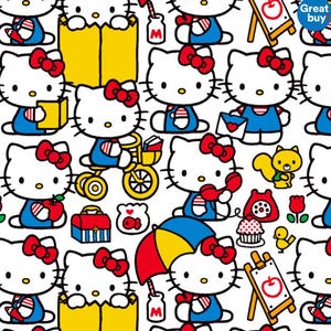 May include: A repeating pattern featuring the character Hello Kitty in various poses. The design includes Hello Kitty with a red bow, wearing a blue outfit, and holding items like an apple, umbrella, and telephone. The background is white.
