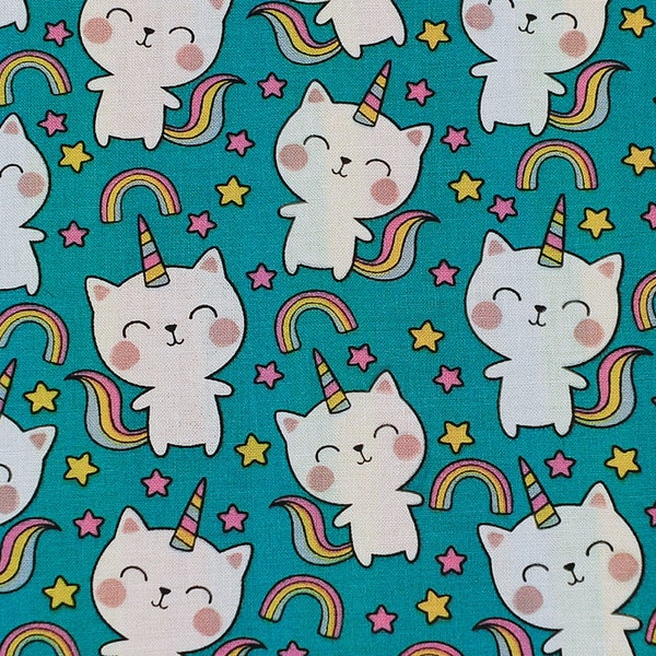 Unicorn Cats Novelty Cotton Fabric by the yard, fabric, cotton, masks, craft, material, toddler, adult, teen, cat, rainbows, girl, boy