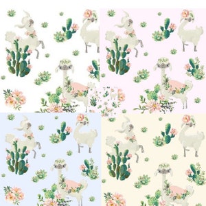 May include: A repeating pattern featuring whimsical illustrations of white llamas adorned with floral crowns and pink accents, alongside green cacti and succulents. The background colors vary from white, pink, blue, and beige.