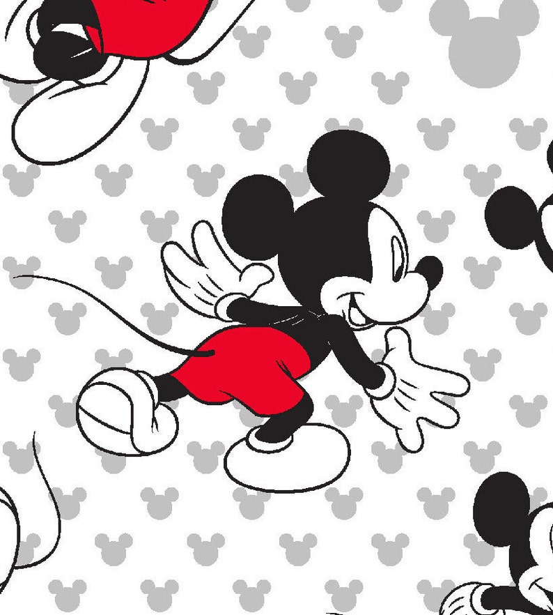May include: A repeating pattern featuring the iconic Mickey Mouse character in a running pose. Mickey is depicted in his classic colors: black, white, and red. The background is white with a pattern of gray Mickey Mouse head silhouettes.