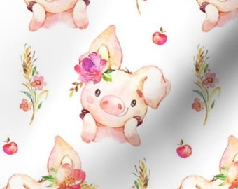 May include: A seamless pattern featuring watercolor illustrations of pink piglets with floral crowns and wheat stalks. The background is white.