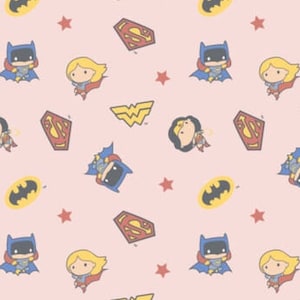 May include: A pink background with a repeating pattern of cartoon superheroes. The pattern includes Wonder Woman, Superman, Batman, and stars.