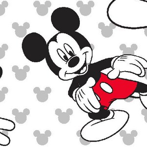 May include: A repeating pattern featuring Mickey Mouse in a dynamic pose. Mickey is depicted in his classic black, white, and red color scheme, with a smiling expression. The background is white with gray Mickey Mouse head silhouettes.