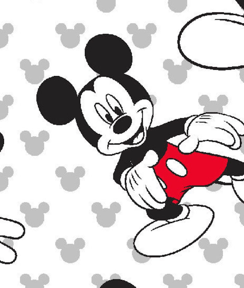 May include: A repeating pattern featuring Mickey Mouse in a dynamic pose. Mickey is depicted in his classic black, white, and red color scheme, with a smiling expression. The background is white with gray Mickey Mouse head silhouettes.