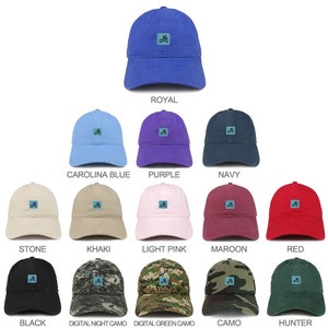 May include: A selection of 12 baseball caps in various colours and patterns. The caps feature a small embroidered design of a swimmer in a square. The colours include royal blue, carolina blue, purple, navy, stone, khaki, light pink, maroon, red, black, digital night camo, digital green camo, camo, and hunter.