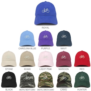 May include: A selection of 12 baseball caps with a white bicycle graphic embroidered on the front. The caps are available in a variety of colors, including royal blue, carolina blue, purple, navy, stone, khaki, light pink, maroon, red, black, digital night camo, digital green camo, camo, and hunter.