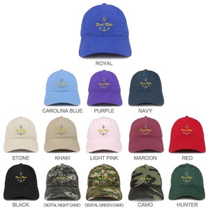 May include: A selection of 10 baseball caps in various colours and patterns, including royal blue, carolina blue, purple, navy, stone, khaki, light pink, maroon, red, black, digital night camo, digital green camo, camo, and hunter. Each cap features an embroidered anchor and the text "First Mate" in gold.