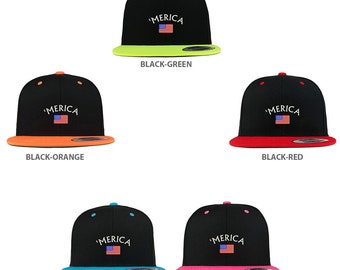 Stitchfy Merica Gorra Snapback con visera plana de primera calidad bordada con bandera estadounidense pequeña y EE. UU. (SF-LOG151-FLX-6089MT)