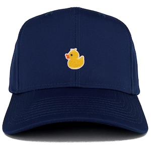 May include: A navy blue baseball cap with a yellow rubber ducky embroidered on the front.