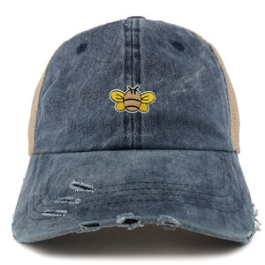 May include: A blue denim trucker hat with a distressed look and a yellow embroidered bee on the front.