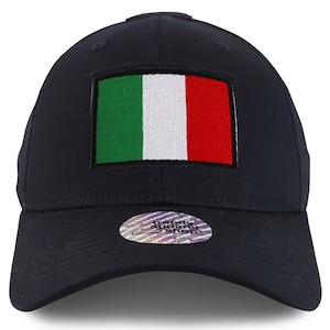 May include: A navy blue baseball cap with an embroidered Italian flag patch on the front. The cap has a curved brim and an adjustable strap in the back.